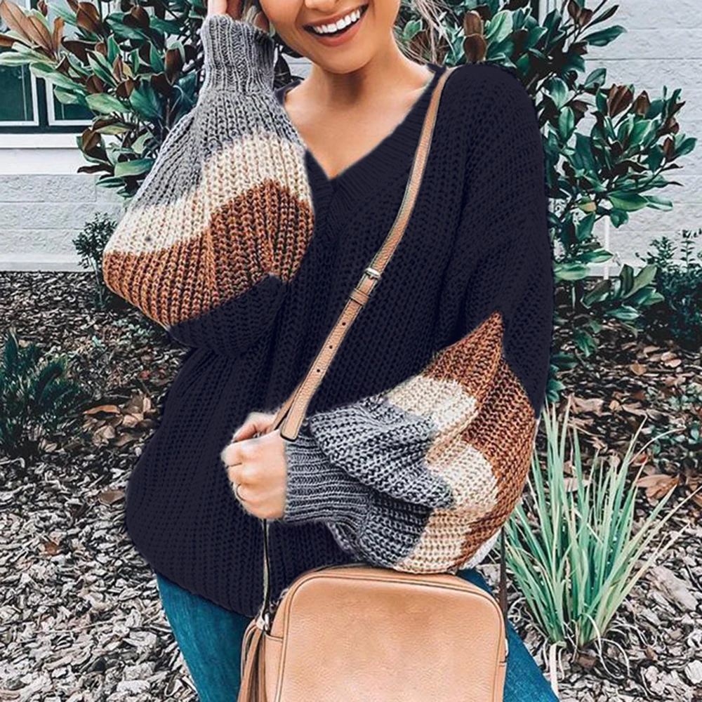 V Neck Plus Jumper Women's Sweater 2019 Winter Patchwork Loose Lantern Sleeve Streetwear Stripe Women's Jumper Female Pullover