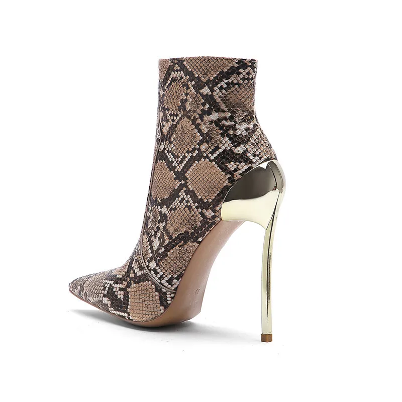 KATELVADI Winter Ankle Boots Women PU Leather Brown Snake Pattern 12.5CM High Heels Sexy Party Short Boots Pointed Toe K-561