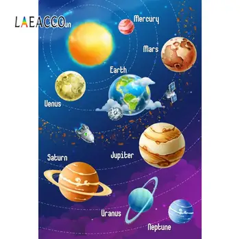

Laeacco Baby Cartoon Starry Planets Spaceship Study Learning Pattern Photo Background Photography Backdrop Digital Photo Studio