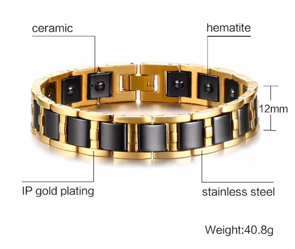Mens Bracelets Stainless Steel Magnetic Therapy Bracelet Inlaid Black Ceramic Wristband Men Fashion Jewelry Black pulseira masculina 19