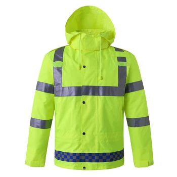 

Yellow Safety Rain Jacket with Down Jacket Waterproof Reflective Visibility Detachable Hood Safety Raincoat Traffic Jacket