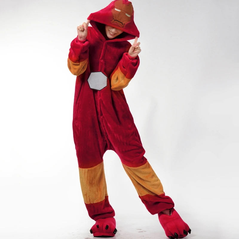 Железный человек пижамы Аниме Onesie кугуруми костюм женщины мужчины зима фланель супер герой, для взрослых Ночная Пижама комбинезон для девочки