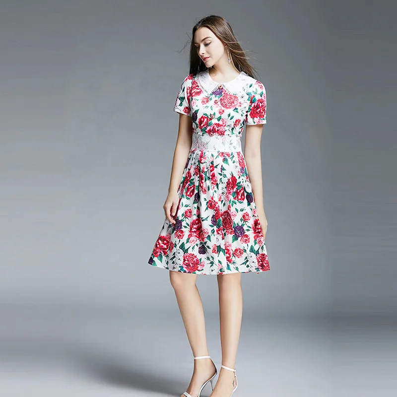 

2020 New Style Fashion Twill Skirt Women's Digital Printing Cotton Dress Peter Pan Collar Mid-length A- line Skirt
