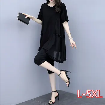 

New plus size women two-piece suit women loose was thin black blouse pants set summer 2020