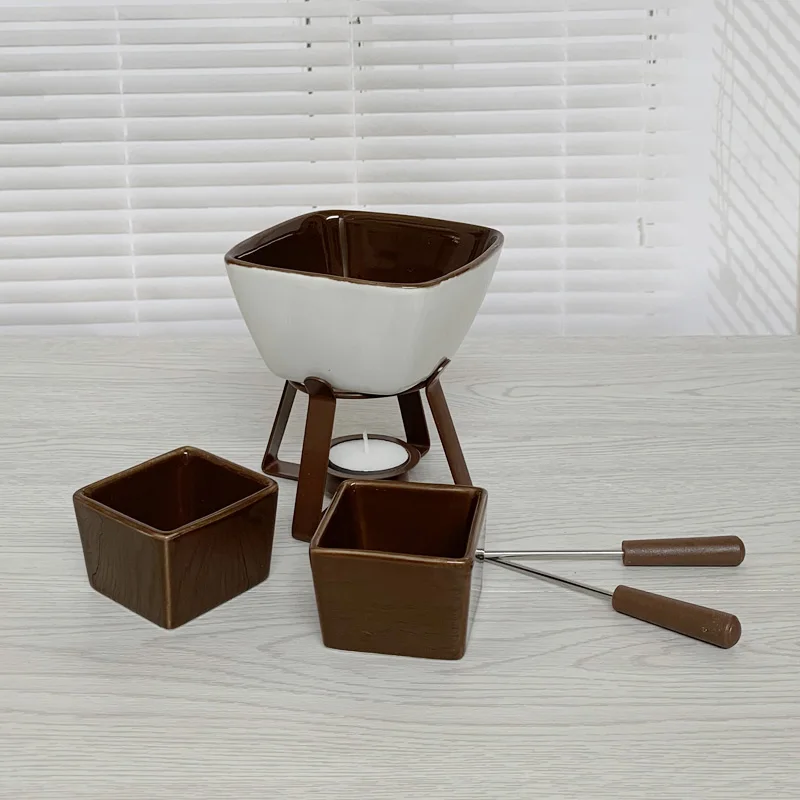 Fondue Pot Set, Glazed Ceramic Fondue Set for Chocolate or Cheese &ndash; Perfect Gift Idea for Housewarming or Birthday
