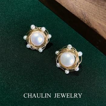 

CHAULIN 925 silver Stud earring free shiping Cosmic Planet Freshwater Pearl Stud Earrings handmade earrings for women date