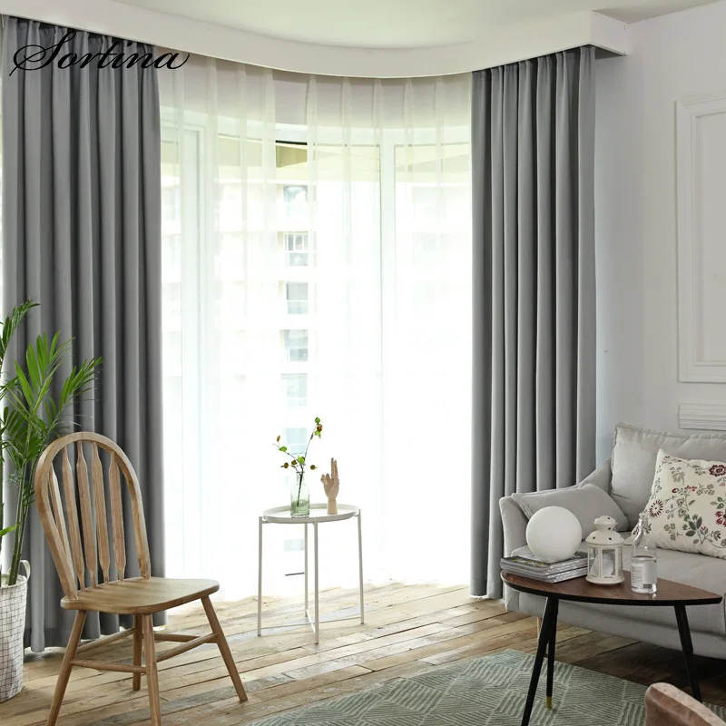 Grey-curtain Затемненные розовые занавески для гостиной, готовые занавески для гостиной, одноцветные занавески в римском стиле, короткие бархатные пеньковые занавески - Цвет: Grey-curtain