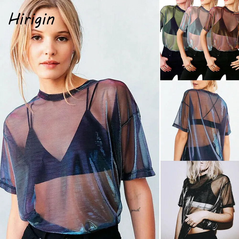 

2020 Women Sheer Mesh Fish Net Short Sleeve O Neck See through long Top T-Shirt Solid Sexy See Through Top Tees Female T Shirts