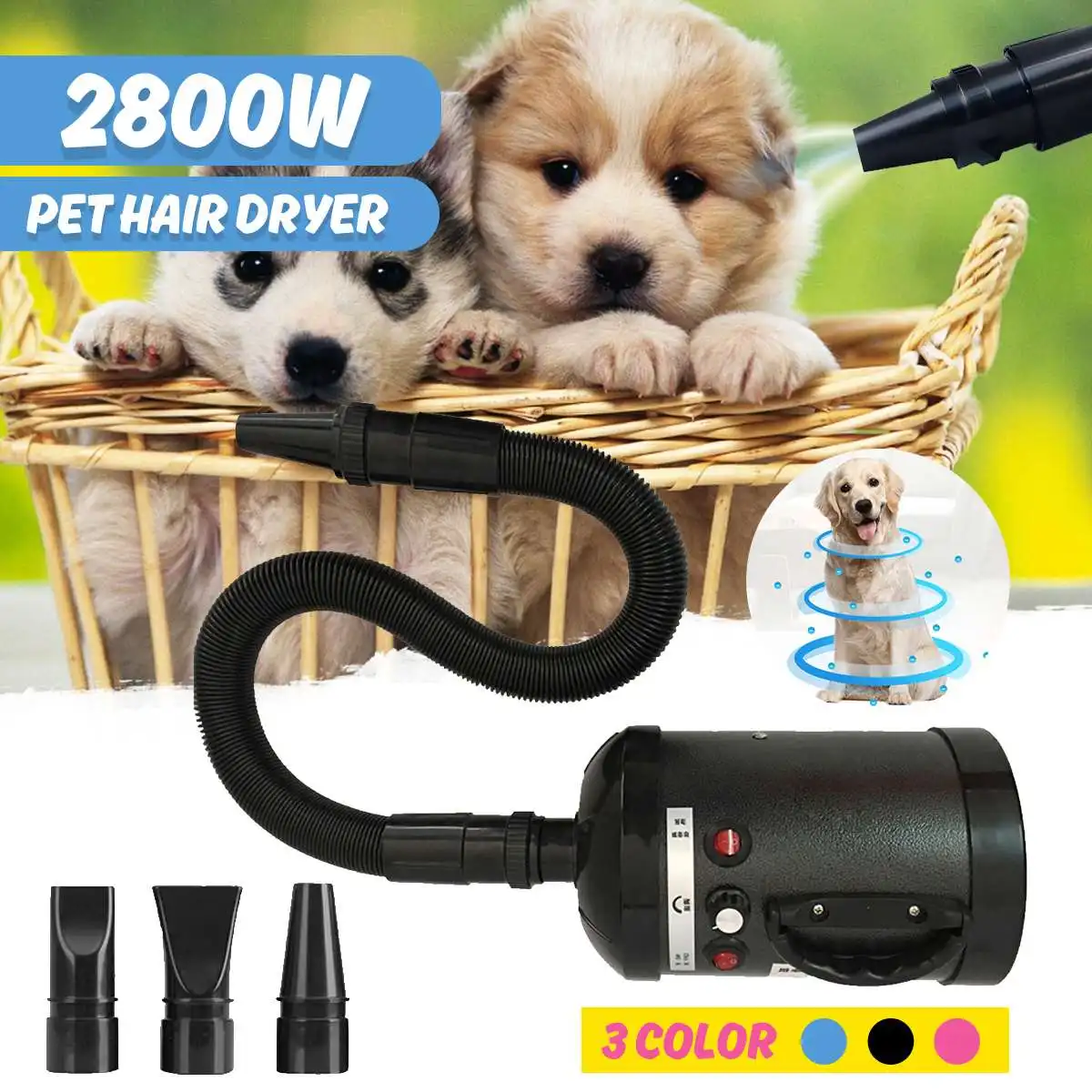 3 Color Eu Plug 2800W font b Pet b font Dryer Blower Adjustable Dog Grooming Dryer
