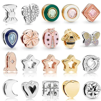 

NEW 100% 925 Sterling Silver Reflexions Clip Charm In Shine Gold & Rose Clear CZ Cubic Zircon Fit Girl DIY Bracelet Jewelry Gift