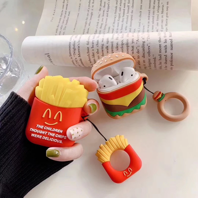 

Luxury Funnly Funny Cute 3D Hamburger French Fries Silicone Bluetooth Wireless Earphone Case for Apple AirPods 1 2 Box Headset