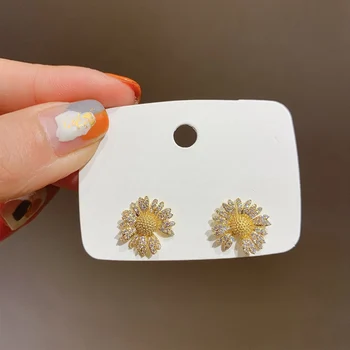 

MENGJIQIAO Korean Cute Full Zircon Flower Stud Earrings For Women Girls Summer Fashion Micro Pave Brincos Jewelry Gifts