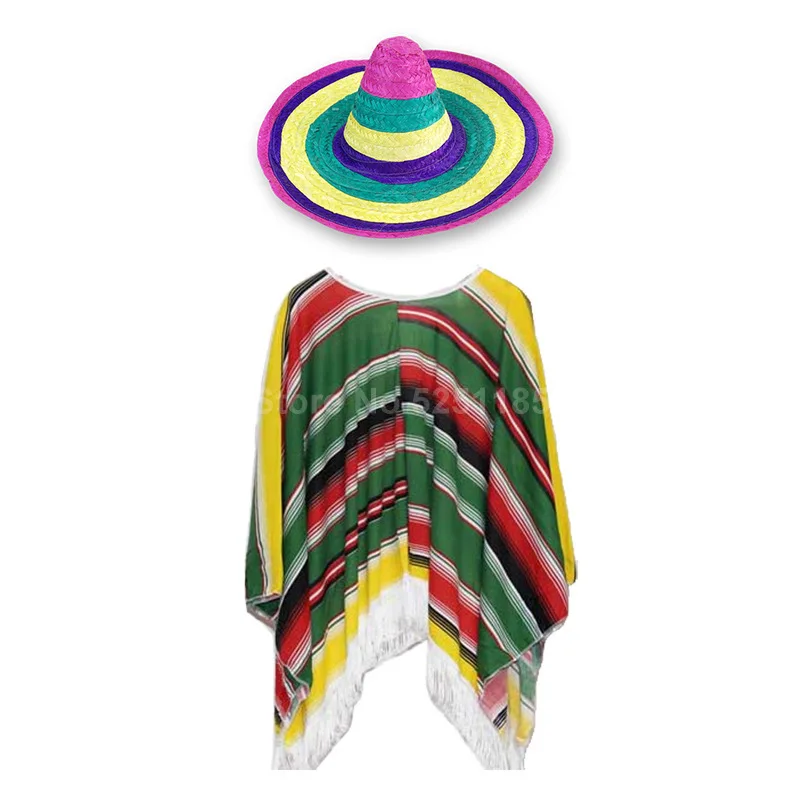 Хэллоуин Дети взрослый Мексиканская Радуга Халаты Костюмы для косплейной вечеринки дети Мексика традиционное представление Топы шапка Одежда наборы