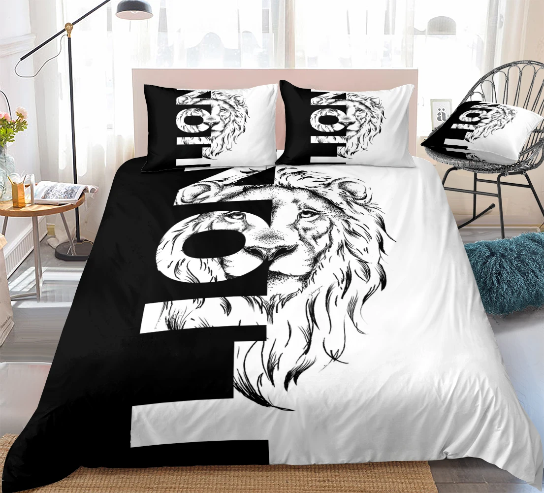 Lion Duvet Cover Set Letters Cool Bedding Set Black White Lion