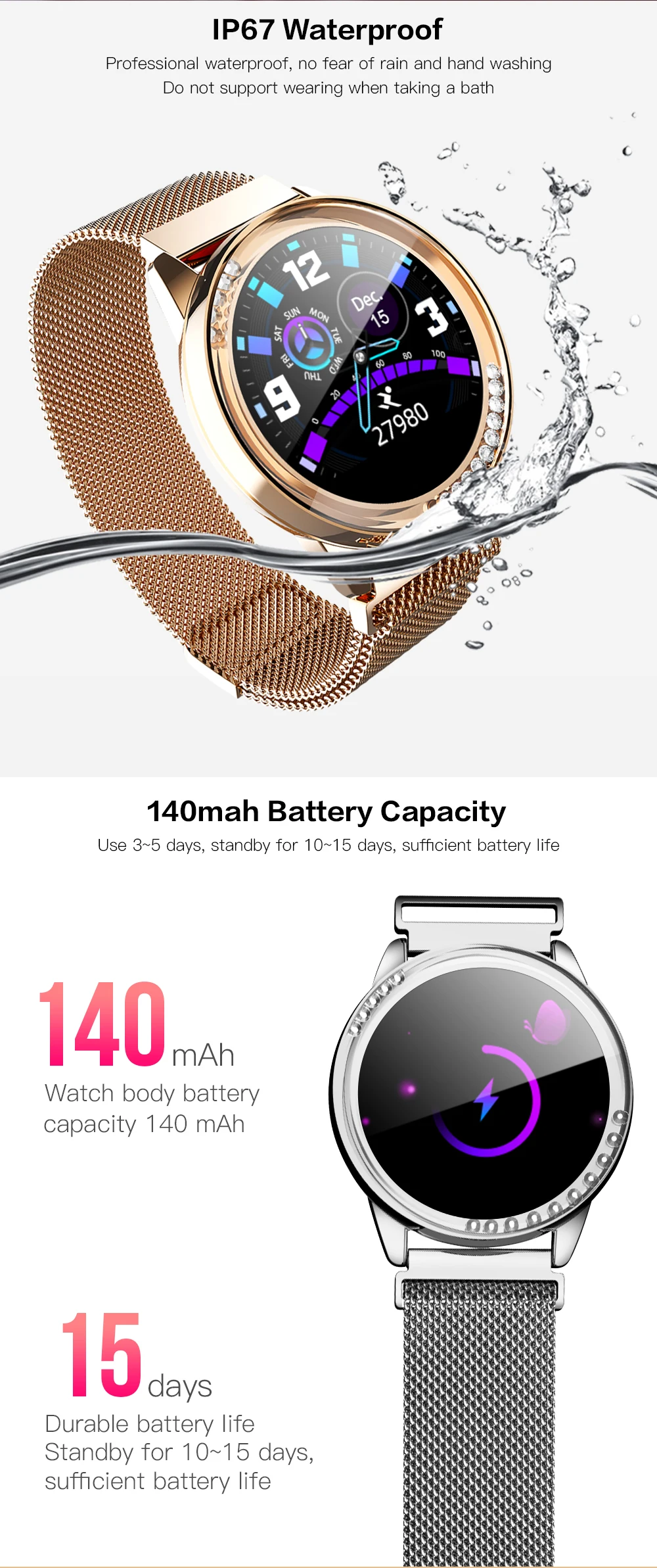 LEMDIOE, женские Смарт-часы, водонепроницаемые, IP67, пульсометр, монитор артериального давления, мульти-спортивный режим, умные часы для Android IOS
