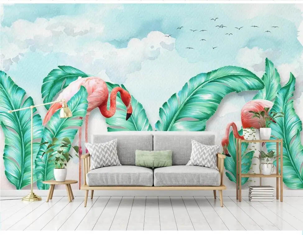 

XUE SU Professional custom wall covering large mural wallpaper simple hand-painted tropical leaves flamingo TV background wall