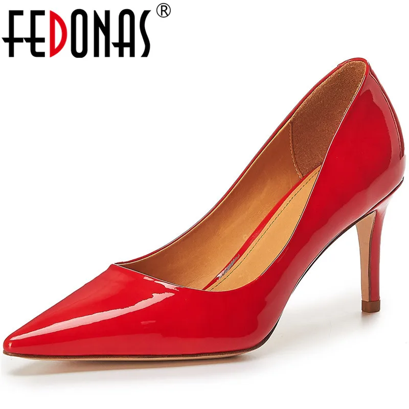 

FEDONAS Women Pumps 2020 High Heeled Cow Leather Shallow Prom Shoes Pointed Toe Spring Summer Concise Brand Design Shoes Woman