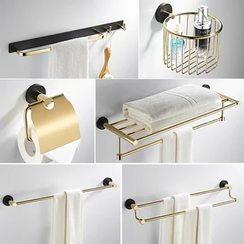 

Luxury Black Gold Brass Towel Ring Wall Mounted Phone Rack Towel Bars Glass Cup Toilet Brush Gold Bath Tub Accessories