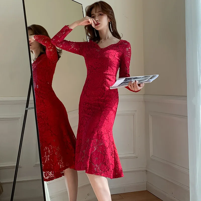 

Formal Dress 2020 Spring New Style WOMEN'S Dress Long Sleeve Fishtail Mid-length Slim Fit Red V-neck Underwear Lace Dress