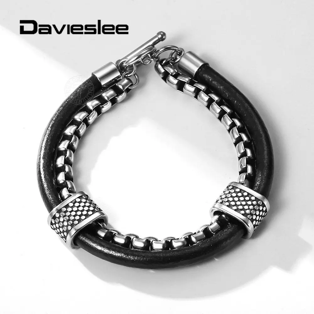 Мужские Парные браслеты из черной кожи с коробкой из нержавеющей стали, браслет-цепочка с застежкой, модные ювелирные изделия 8,26 дюйма DDLB184