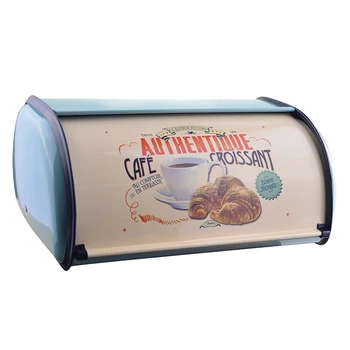 

Hot Sale French Vintage Bread Box Storage Bin Rollup Top Light Gray Small Powder Coated Bread Iron Snack Boxes for Kitchen Home