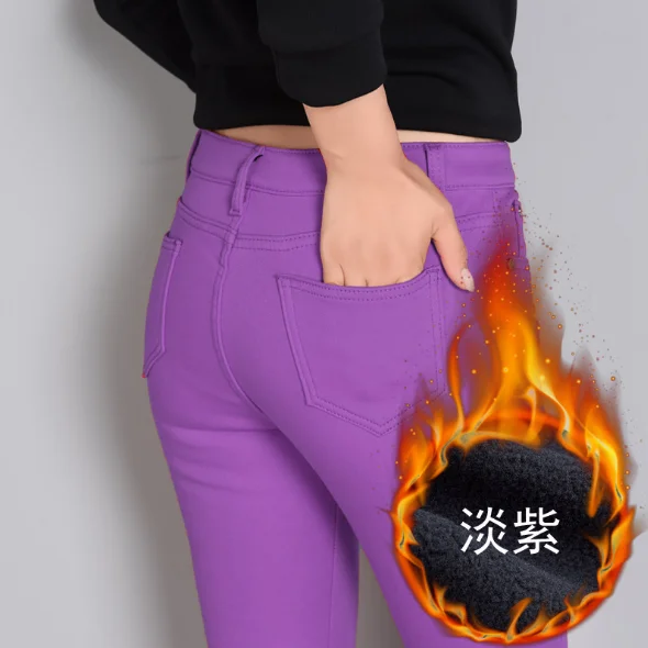 Light Purple Красивые брюки-карандаш на толстой Подкладке Штаны для Для женщин зимние теплые обтягивающие брюки с бархатом внутри сплошной тонкий женский штаны размера плюс черный - Цвет: Light Purple