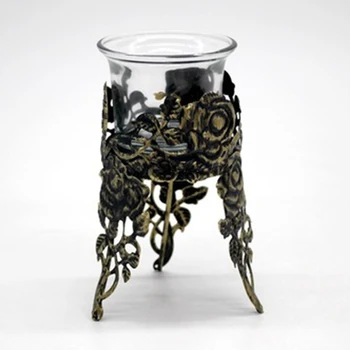

Retro Iron Glass Candlestick Cup Carved Hollow Candle Holder Party Dinner Decor Candlestick (Including Glass Cup) 2020