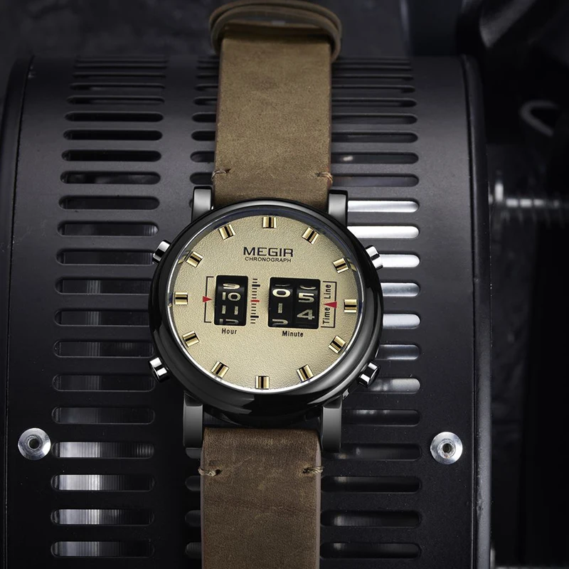 MEGIR 2137 г новые часы с верхним ремешком Мужские Военные Спортивные коричневые кожаные кварцевые наручные часы Роскошный барабанный ролик relogio masculino