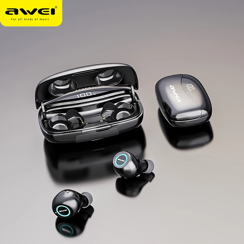AWEI T19 TWS 5.0 2500mAh LED Display Super Bass Stereo Earbuds Noise Cancelling Waterproof IPX5 With Dual Mic For Gaming,Sport