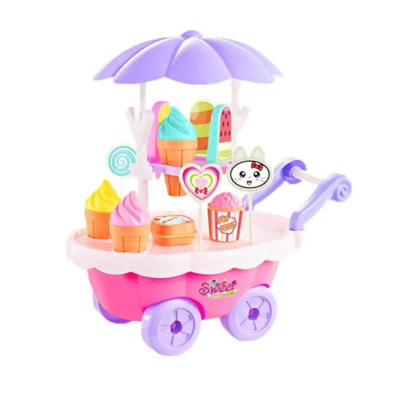 

28pcs Mini Simulation Candy Cart Ice Cream Trolley Pretend Play House Assembly Toy Children Girl Gifts with Stickers