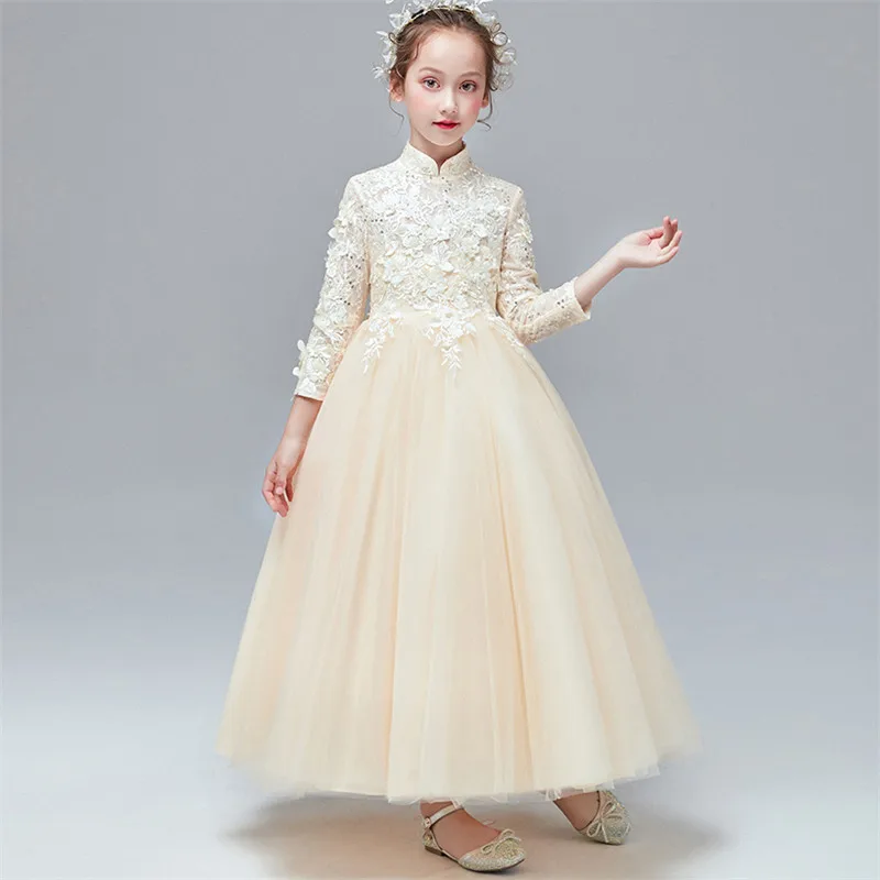 champagne long dress Высококачественное элегантное платье с цветочным рисунком и длинными рукавами для маленьких детей; вечернее платье для дня рождения; Детские платья для девочек - Цвет: champagne long dress