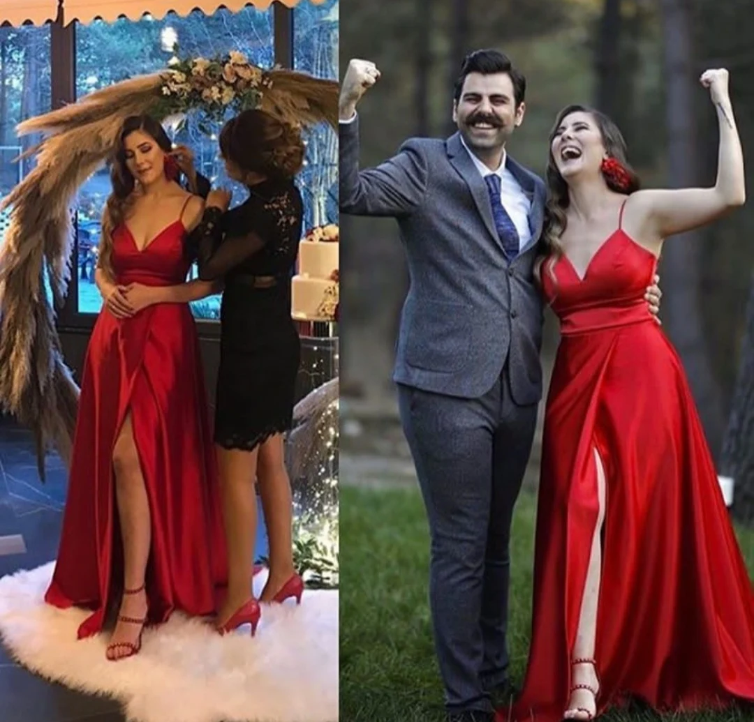 

Long Satin Red Evening Dresses with Pockets Criss Cross Back A-Line Floor Length V-Neck Abendkleid Robes de Soirée for Women