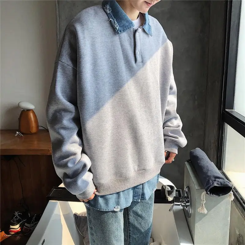 

Boys Spring New Hong Kong Style Chic Tops Male Loose Fake Two-piece Denim Stitching Pullover Jacket Trendy Student Tops