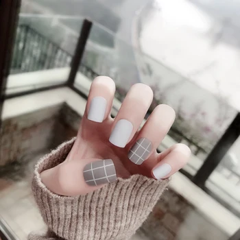 

24pcs Ballerina Fake Nails Gray Line Pattern Acrylic Square Head Fake Nails Tips Decorated Long Press On False Nails For Finger