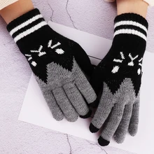 Winter Touch Screen Gloves Women Girl Cute Cartoon Cat Printed Wool Knitted Full Finger Mittens For Girls Christmas Gifts