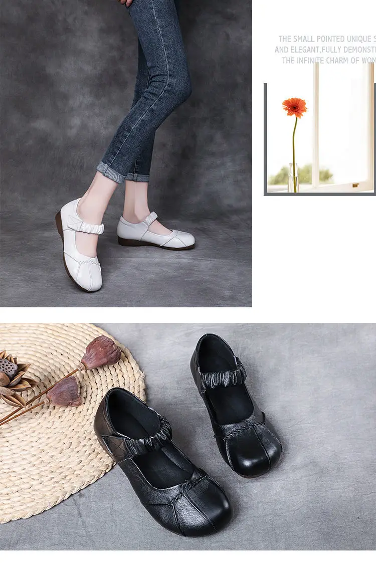 Plain White Mary Jane Shoes For Women Elastic Strap Ballet Flats Woman Dancing Shoes Autumn Loafers Ladies Genuine Leather Shoes