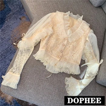 

New Retro Spring Women's Mesh Stitching Lace Shirt Short Tops Lady V-neck Long Sleeve Blouses