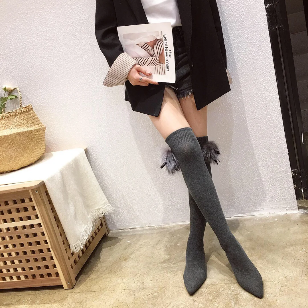 NIUFUNI/ г.; Осенняя обувь; женские ботфорты; вязаные меховые сапоги на не сужающемся книзу массивном каблуке; узкие сапоги с острым носком; Botas Mujer