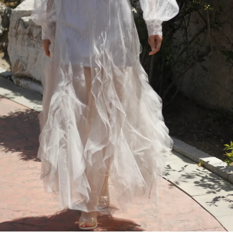 

2020 New Spring And Summer Multilayer Mesh High Waist Ruffles Floor Length Sweet Girl's Vacation Skirt M060