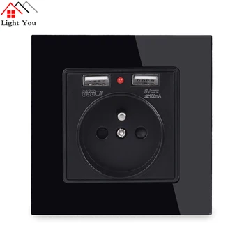

French Standard Glass Panel Dual USB Charge Port 2.1A Wall Charger Adapter LED Indicator 16A French Power Socket Black Color
