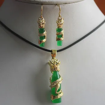 

Hot sell Chinese style dragon and green jade cylinder pendant & earring sets