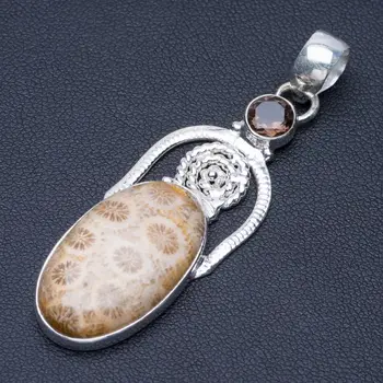 

Natural Fossil Coral and Smoky Quartz Punk Style 925 Sterling Silver Pendant 2 1/4" Q0659