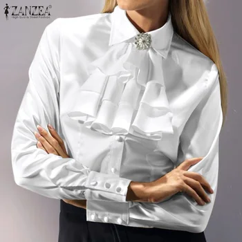 

ZANZEA Elegant Women Ruffles Blouse Casual Long Sleeve Office Work Shirts Spring Lapel Neck Buttons Down Tops Vintage Blusas