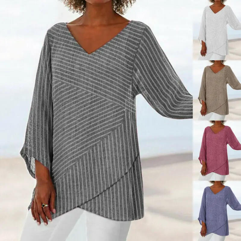 

Plus Size Women Tops Raglan long Sleeve Blouse ladies casual loose Cotton Linen Striped Baggy Tunic o neck blouses
