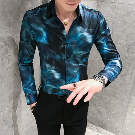 Мужская модная эксклюзивная клетчатая рубашка с длинными рукавами, Повседневная рубашка с цветочным принтом, приталенные мужские рубашки с длинным рукавом - Цвет: Navy H485