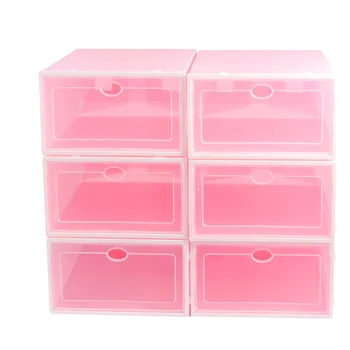 

6PCS Thicken Shoes Box Transparent Stackable Shoes Storage Box Plastic Shoe Container (Pink Box with White Frame for Men)