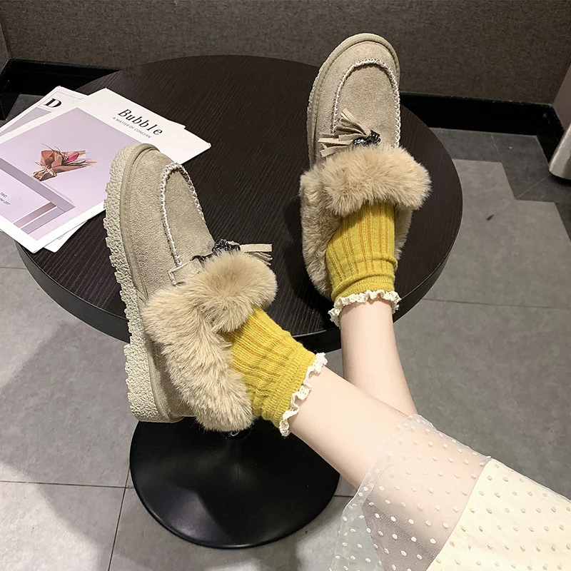 

Loafers Fur Shoes Woman Flats Slip-on Round Toe Casual Female Sneakers Shallow Mouth Women Dress Slip On New Winter Leisure