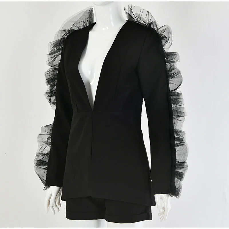 SRDP Unique Lace Feathers Mesh Sexy Blazer Coat Women Night Club Party Ruffle Blazer Suits Festival Fashion High Street Clothing