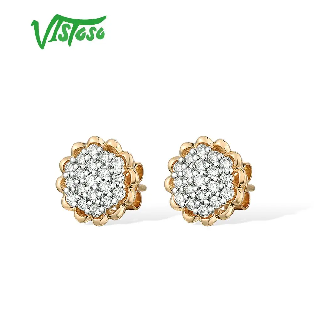 VISTOSO Gold Earrings For Women 14K 585 Yellow Gold Sparkling Diamond Dainty Sunflower Stud Earrings Fashion Trendy Fine Jewelry