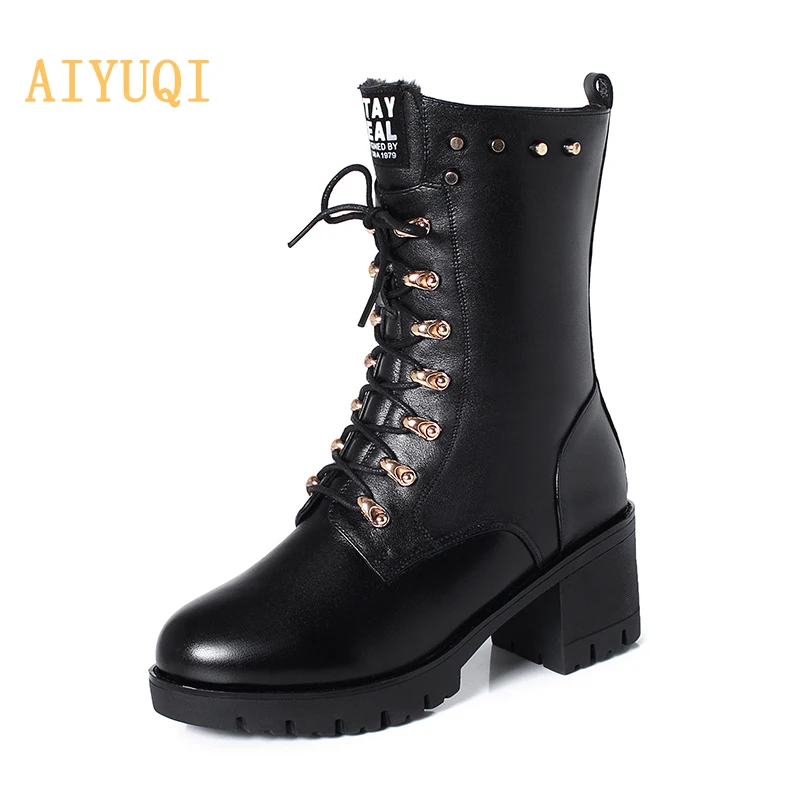 

AIYUQI Women Boots Winter Mid-calf Boots Studded Women Martin Boots Genuine Leather Large Size 43 Wool Warm Motorcycle Boots